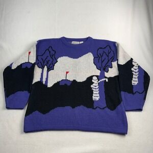Vintage Chateau Mens Golf Landscape Intarsia Knit Sweater Purple Size M 90s